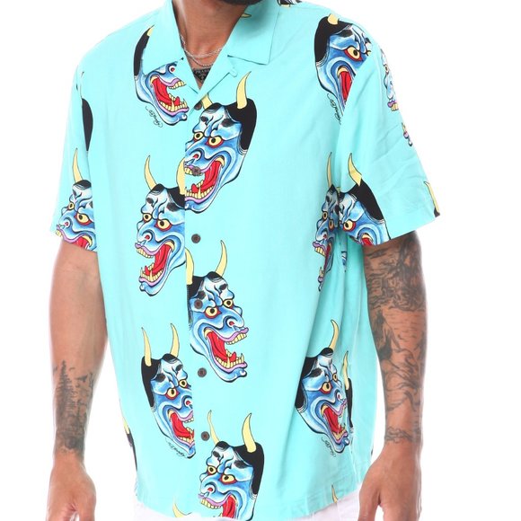 Ed Hardy Devil Face Button Down Camp Shirt Aqua - Picture 1 of 4